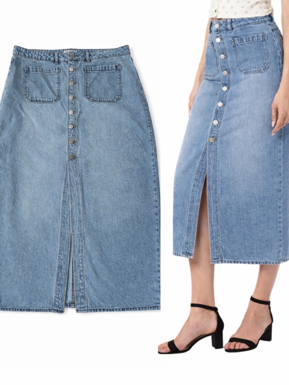 Rolla’s Button Front Denim Midi Skirt High Waist Slit 90s A Line Size 34 Pencil